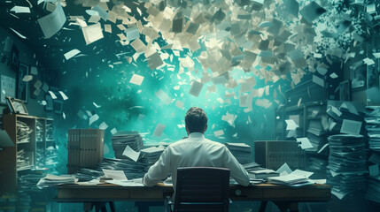 A man sits at his desk, staring at the computer screen, seemingly unfazed by the explosive chaos of papers swirling around him in a cluttered office.