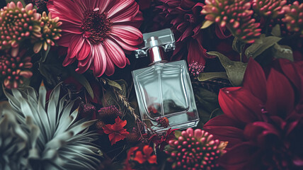 Perfume bottle in flowers, fragrance on blooming background, floral scent and cosmetic product - obrazy, fototapety, plakaty