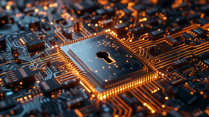 A digital padlock symbolizing cybersecurity integrated into an intricate electronic circuit board with glowing elements.