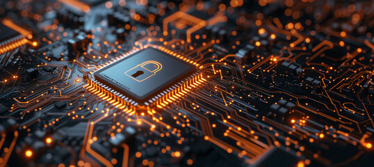 A digital padlock symbolizing cybersecurity integrated into an intricate electronic circuit board with glowing elements.