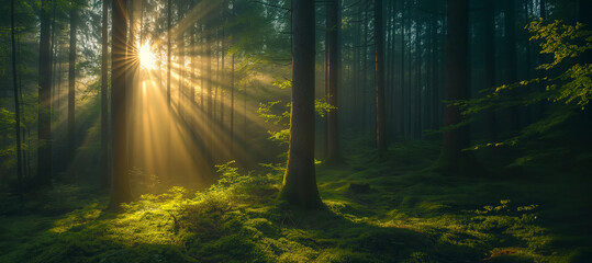 Sunbeams piercing through vibrant green leaves in a peaceful forest, creating a serene and fresh atmosphere.