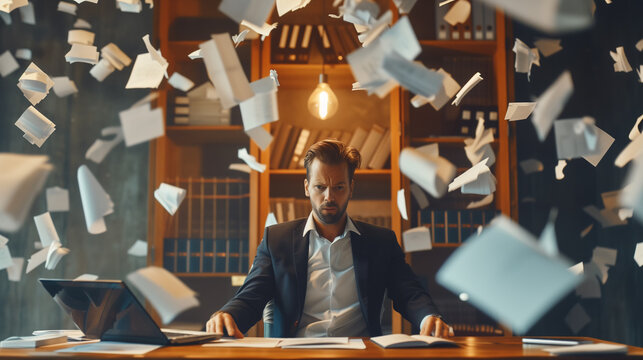 A businessman remains focused amidst a flurry of papers flying around in a dynamic and hectic office environment.