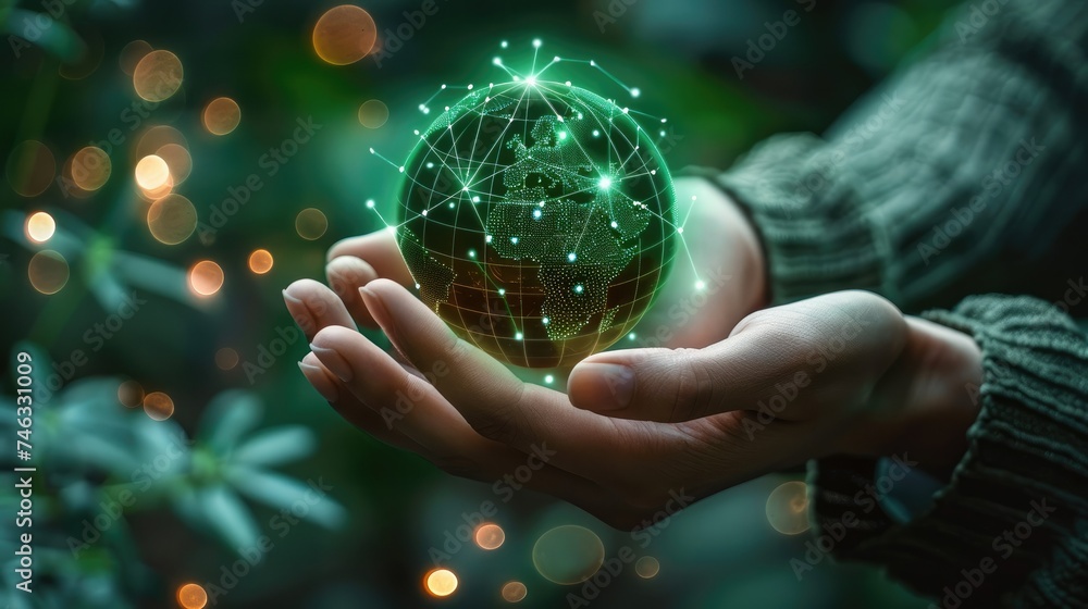 Poster environment social governance investment business concept, hands holding global communication networ