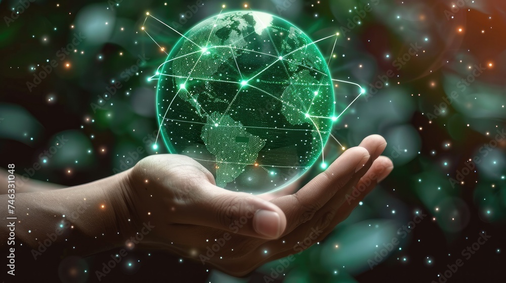 Aufkleber environment social governance investment business concept, hands holding global communication networ