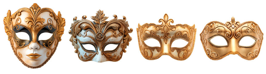 Naklejka premium Collection of theater/opera, gold masks. Isolated on a transparent background.