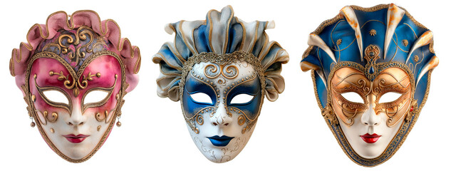 Collection of theatrical colorful masks. Isolated on a transparent background. - obrazy, fototapety, plakaty