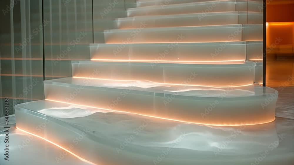 Poster an upclose view of a unique floating staircase with transparent glass steps and led lighting built i