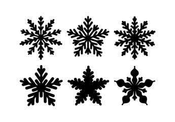 Set of black snowflakes in glitter of dark. Collection of decorative elements for the Christmas holiday. Vector illustration