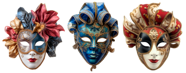 Collection of theatrical colorful masks. Isolated on a transparent background.
