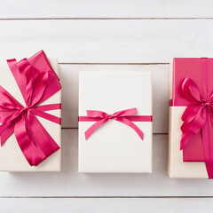 Gift Boxes On White Wooden Texture Ai generate