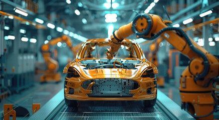 Fototapeta premium Welding Industrial Production on Conveyor at Car Factory, Automated Robot Arm Assembly Line, Manufacturing High-Tech Electric Vehicles. Generative AI.