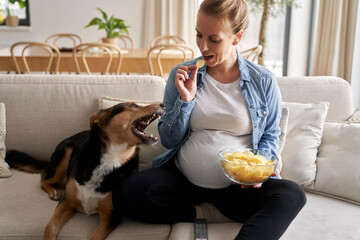 Pregnant woman eating crisps and sharing with a dog