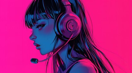 Hand-drawn cartoon illustration of a girl listening to music with headphones