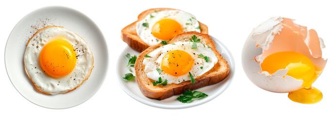 Breakfast. Fried egg on a plate, top view. Eggs on bread. Isolated on a transparent background.
