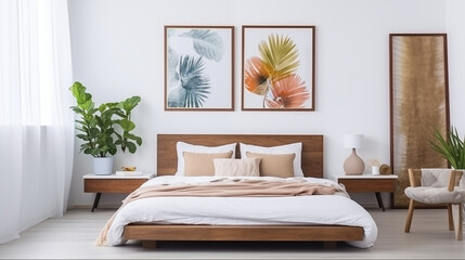 Mockup - obraz na ścianie. Jasna przytulna sypialnia w stylu boho. Brązowe i białe kolory wystroju wnętrza i dodatków. Render 3d. Wizualizacja	
