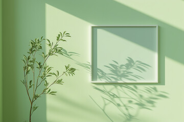 horizontal image of a blank empty frame hanging on a green wall illuminated by sunlight, decorative plant on the left hand side. Generative AI