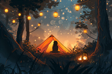 Silhouette of a girl in a camping tent close-up concept of traveling and crossing the landscape.