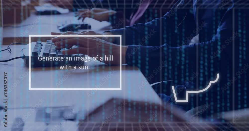 Poster animation of ai text on screen and data processing over caucasian man using computer