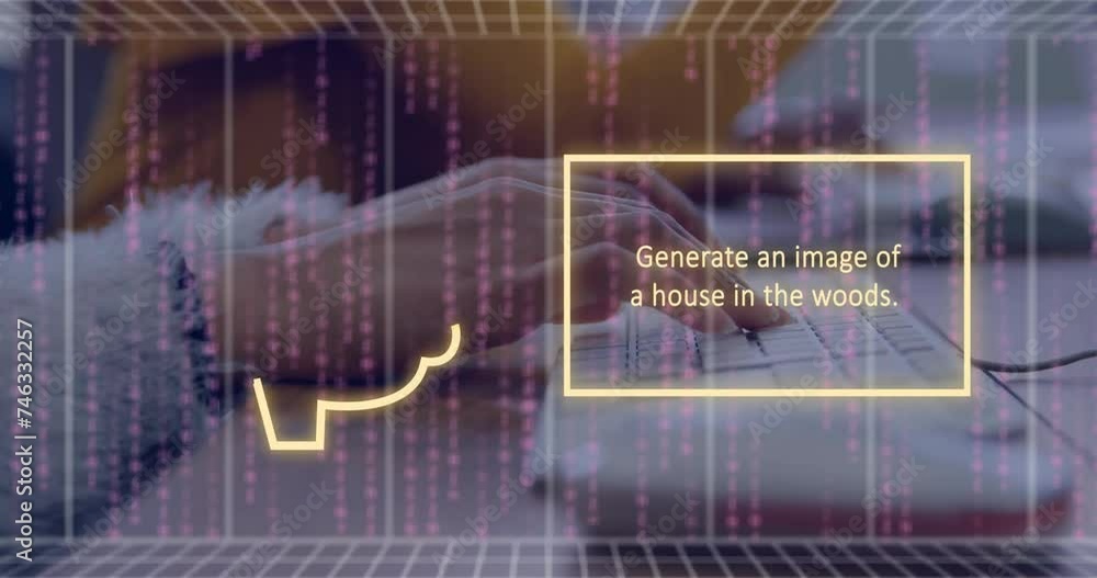 Poster animation of ai text, brain and data processing over caucasian woman using computer