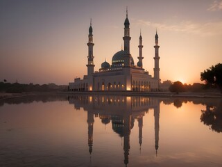 a stunning majestic mosque at dawn for ramadan kareem