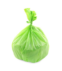 Green plastic garbage bag isolated on white