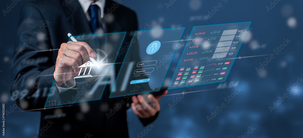 Poster a businessperson interacts with a futuristic digital interface displaying bank security features. th