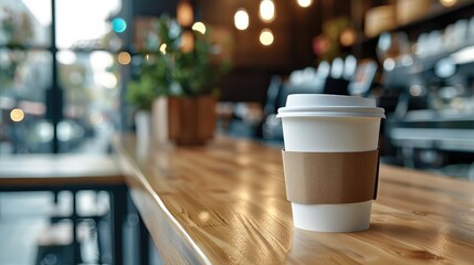 Close up white blank paper coffee cup, mockup in modern minimalist coffee shop background, morning. Generative AI.