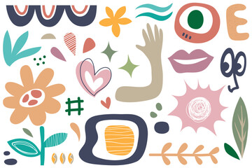 Set of trendy doodles and abstract nature icons on isolated white background. Big summer collection, unusual organic shapes in freehand matisse art style. Including