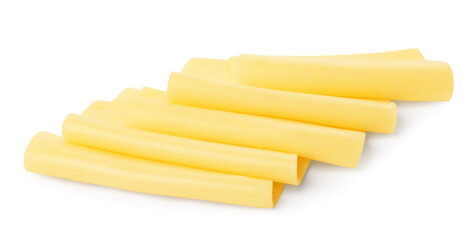 Slices of tasty fresh cheese isolated on white