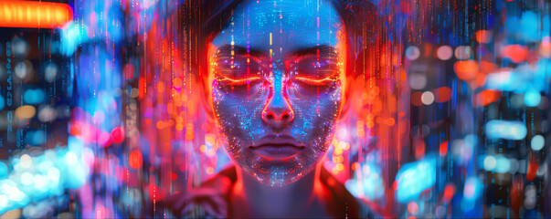 Cyber Woman Merged with Neon Cityscape Reflection.
A cybernetic portrayal of a woman with a neon cityscape reflection across her visage.