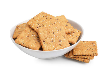 Cereal crackers with flax and sesame seeds in bowl isolated on white