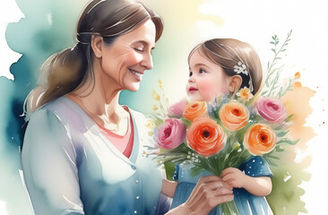 Little girl daughter giving her mom flowers, watercolor concept of Mother's Day, woman's day - obrazy, fototapety, plakaty