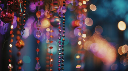 Festive Mardi Gras Spectacle: Colorful Beads with Bokeh, generative AI