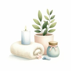 Spa day and relaxation item.  watercolor illustration, Aromatherapy clipart with lilac flower, aromatic sticks, candles and hot stones. Items for relaxation and body care.