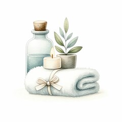 Obraz na płótnie Canvas Spa day and relaxation item. watercolor illustration, Aromatherapy clipart with lilac flower, aromatic sticks, candles and hot stones. Items for relaxation and body care.