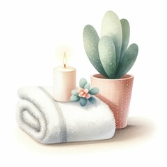 Obraz na płótnie Canvas Spa day and relaxation item. watercolor illustration, Aromatherapy clipart with lilac flower, aromatic sticks, candles and hot stones. Items for relaxation and body care.
