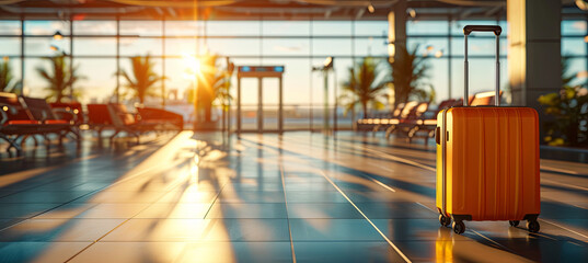 Orange Siutcase on the tropical background in the airport, summer holiday 