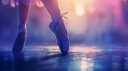a photo of a ballerina's pointe foot on stage - obrazy, fototapety, plakaty