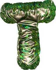 Abstract 3d green plastic Letter T with dispersion, colorful 3d holographic rendering, Plastic Alphabet	