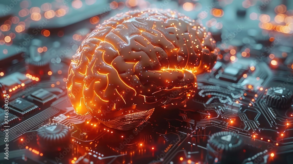 Leinwandbilder Big data and artificial intelligence concept. Human brain glowing from processor, symbolizing the fusion of human intelligence and machine learning capabilities. Generative AI.