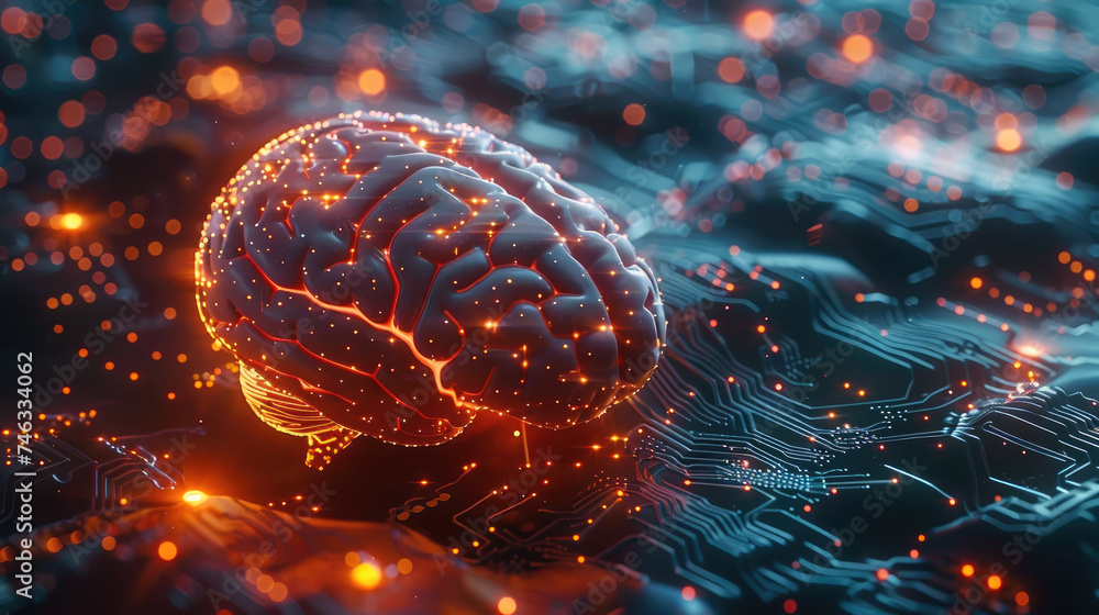 Poster Big data and artificial intelligence concept. Human brain glowing from processor, symbolizing the fusion of human intelligence and machine learning capabilities. Generative AI.