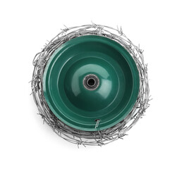 Coil of metal barbed wire isolated on white, top view
