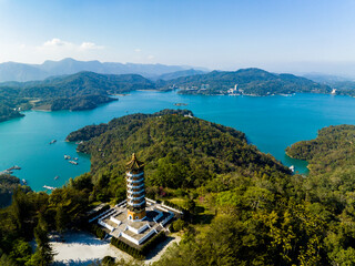 Aerial view Landscape of Sun Moon Lake and Ci'en Pagoda in Nantou, Taiwan.