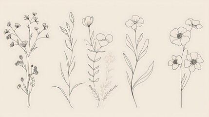 Collection of minimalistic simple floral elements. Graphic sketch. Fashionable tattoo design. Flowers, grass and leaves. Botanical natural elements. Generative Ai Outline, line, doodle style