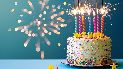 Colorful celebration birthday cake with colorful birthday candles and sparklers against a blue background. Generative Ai - obrazy, fototapety, plakaty