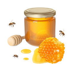 Natural honey in jar, wooden dipper, piece of honeycomb and bees on white background