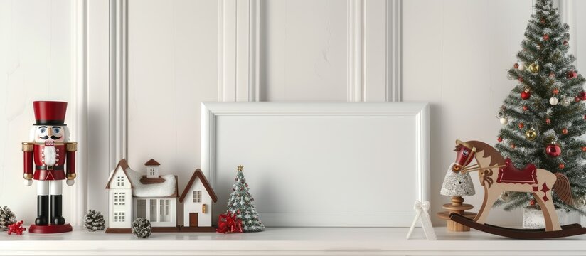 A white mantle is featured with a festive Christmas tree and a variety of holiday decorations, including Nutcrackers, house-shaped candles, a rocking horse, and a Christmas tree stand. An empty frame