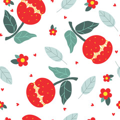 Red flowers, leaves and hearts on white background. Seamless pattern, vector illustration.