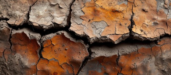 The close-up image showcases a dry, cracked soil surface with a striking contrast of earthy brown and orange hues, emphasizing the harsh effects of drought.