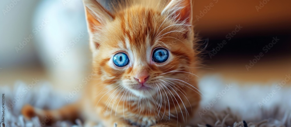 Poster Adorable fluffy kitten with striking blue eyes relaxing peacefully on cozy carpet